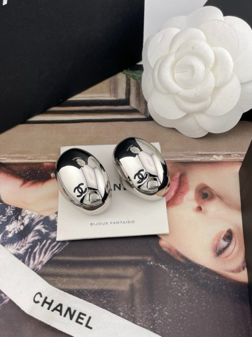 Chanel Silver-Tone Oval Mirror CC Stud Earrings